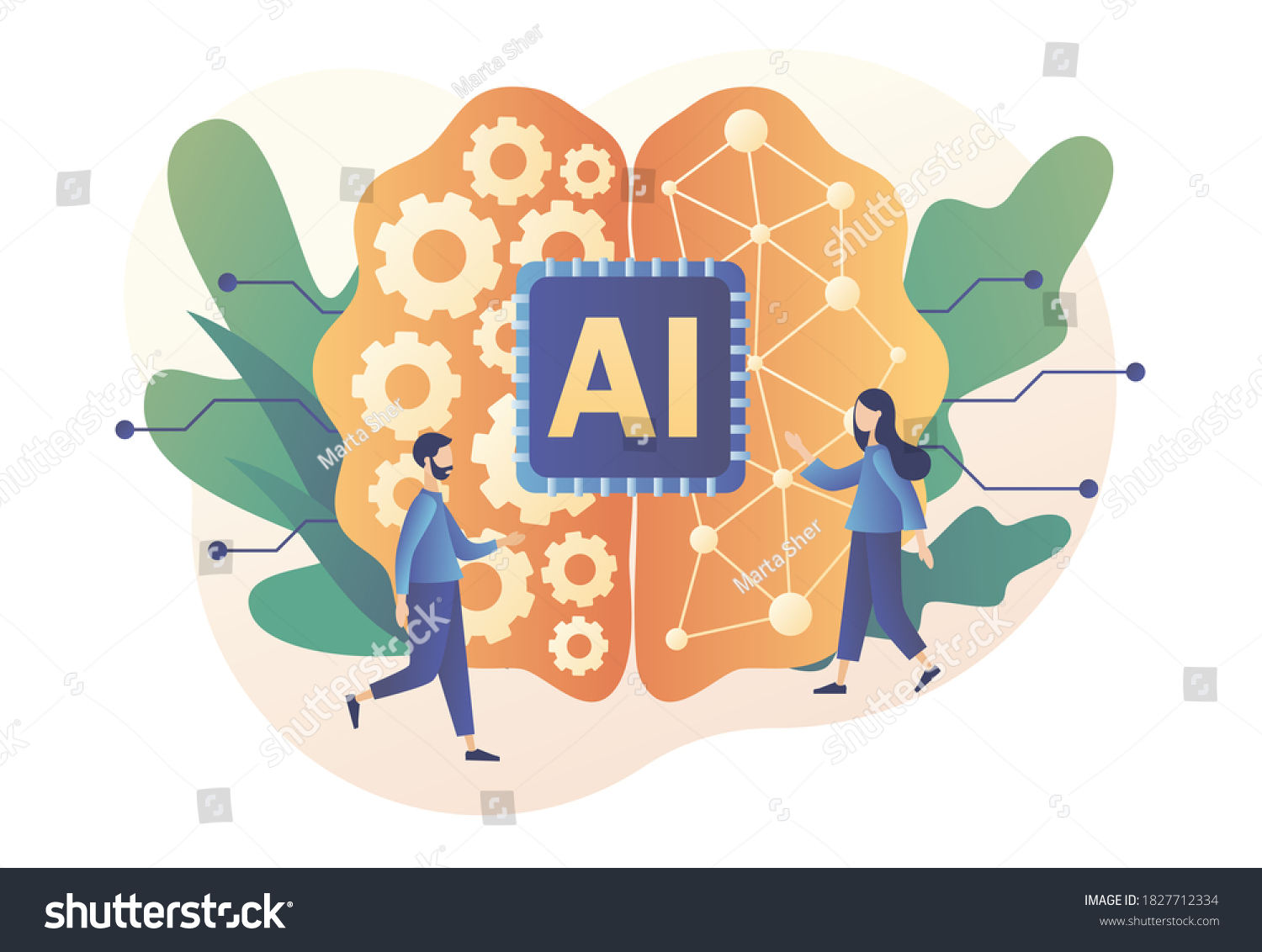Artificial intelligence concept. Digital brain with neural network and tiny people. AI chip  machine learning  analysis information. Modern flat cartoon style. Vector illustration on white background