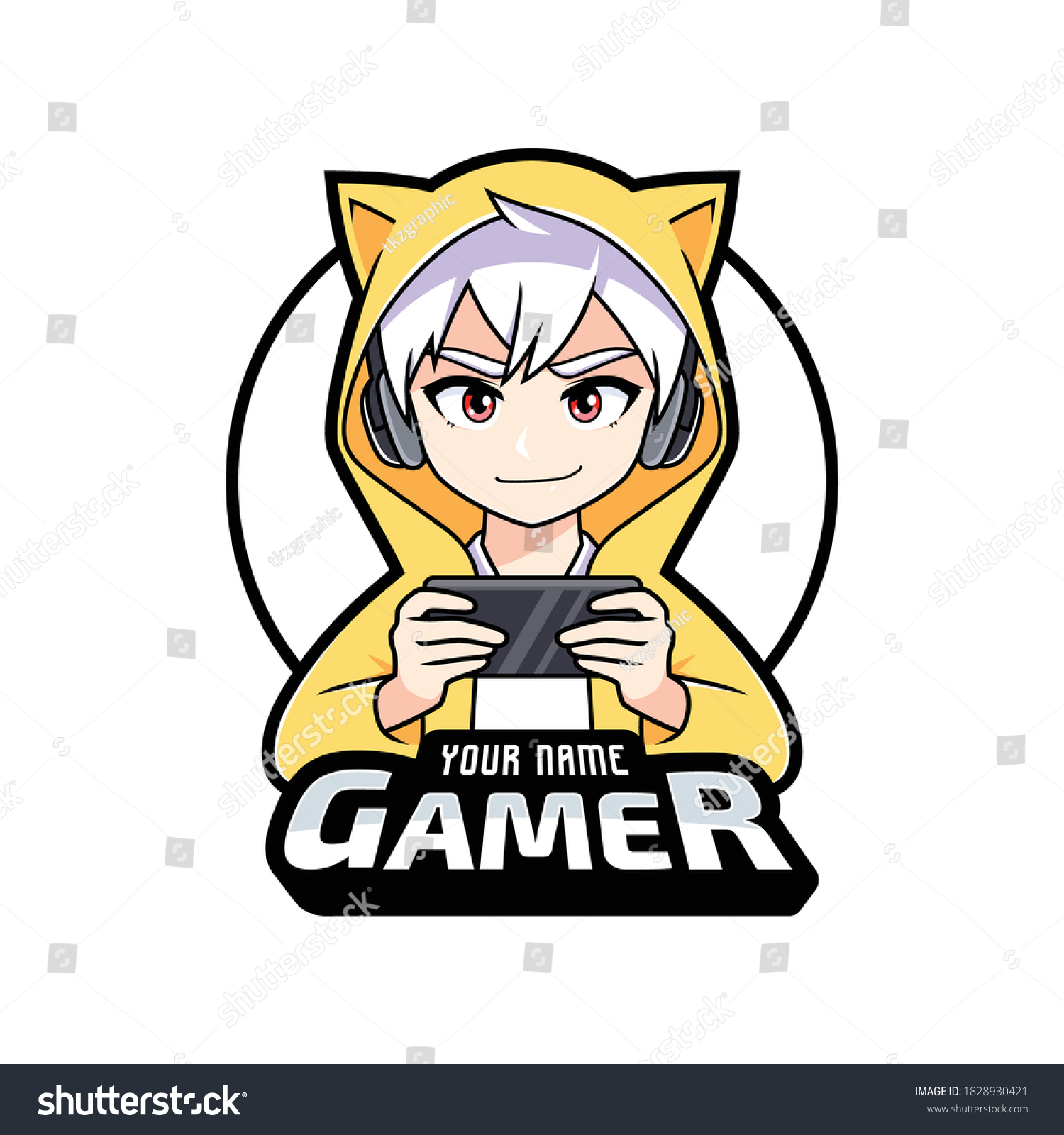 Gamer anime boy playing on smartphone esport logo