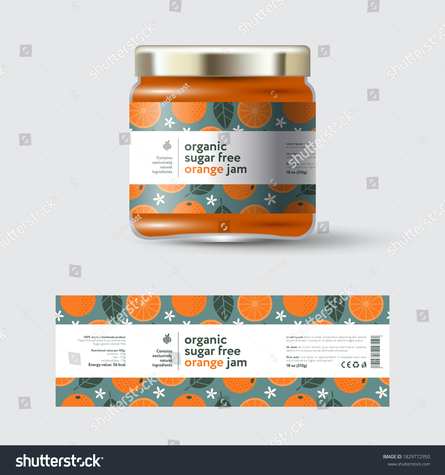 Orange Jam label and packaging. Jar with cap with label. White strip with text and on seamless pattern with fruits  flowers and leaves.