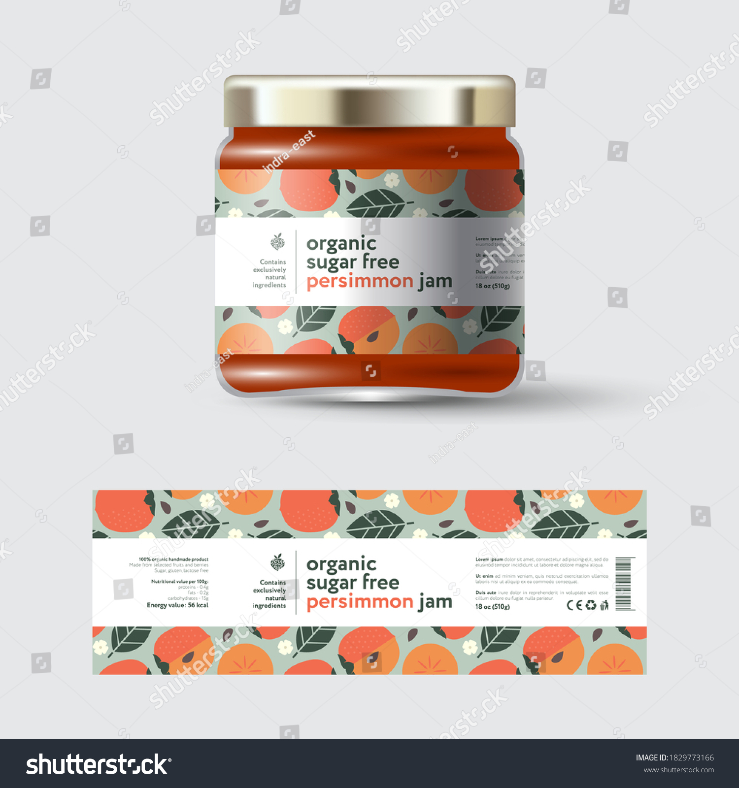 Persimmon Jam label and packaging. Jar with cap with label. White strip with text and on seamless pattern with fruits  flowers and leaves.