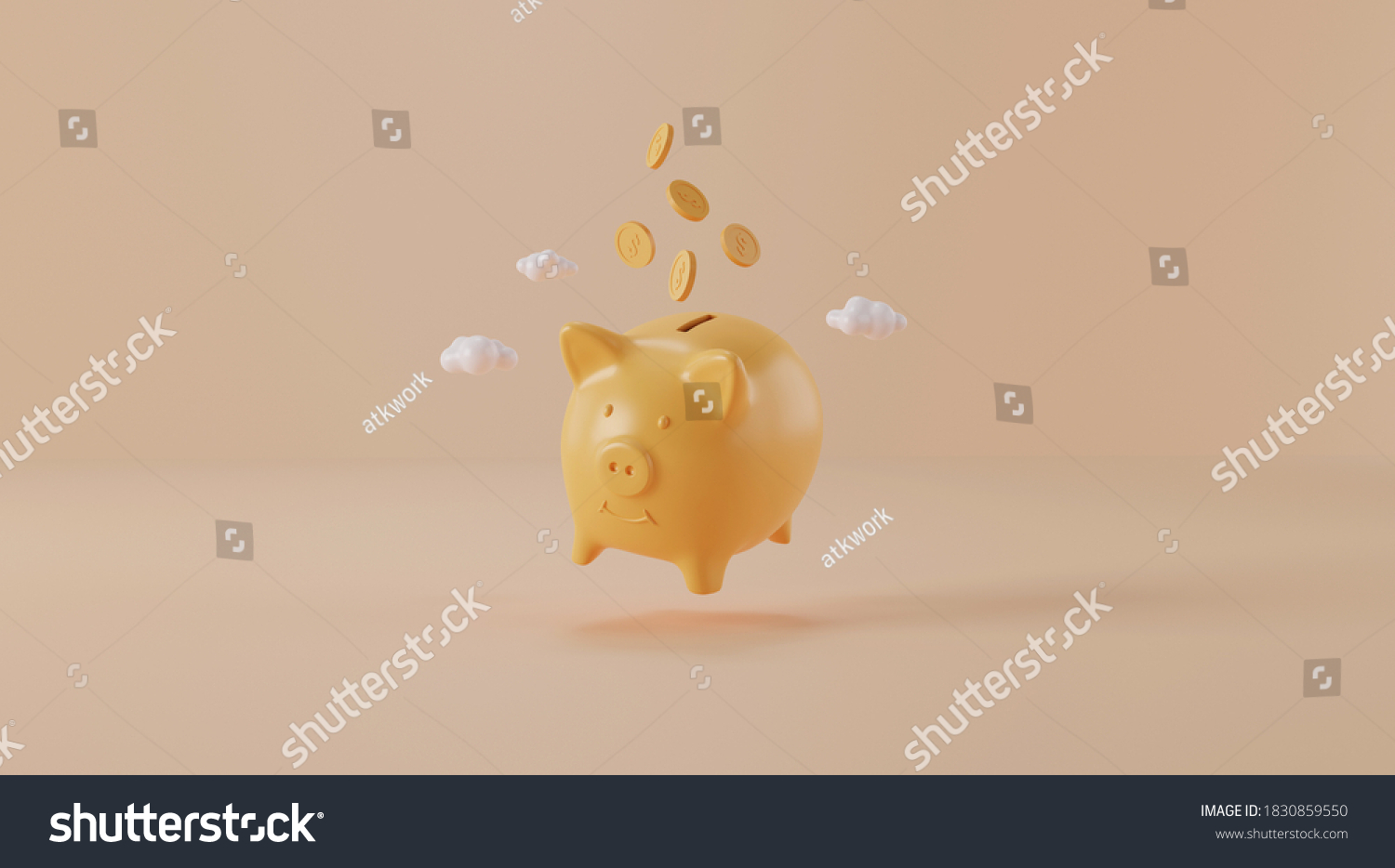 Pink piggy bank with coins on yellow background. 3d rendering