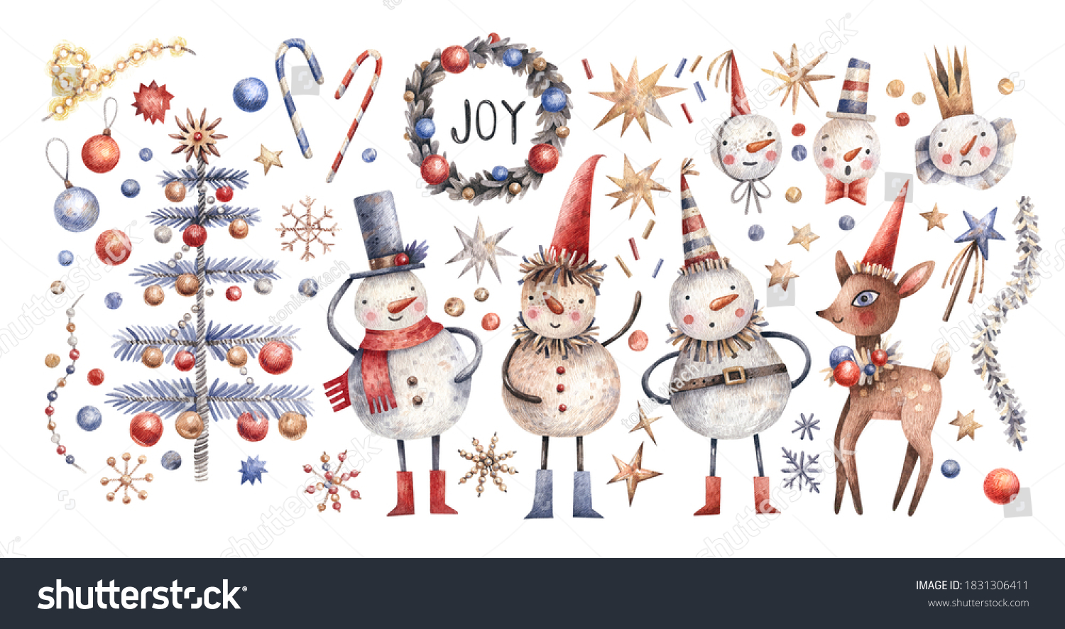 Watercolor hand painted Christama set of cute characters and holiday elements . Illustration isolated on white background. Design for logo  textile  print  holiday decor  Christmas decoration