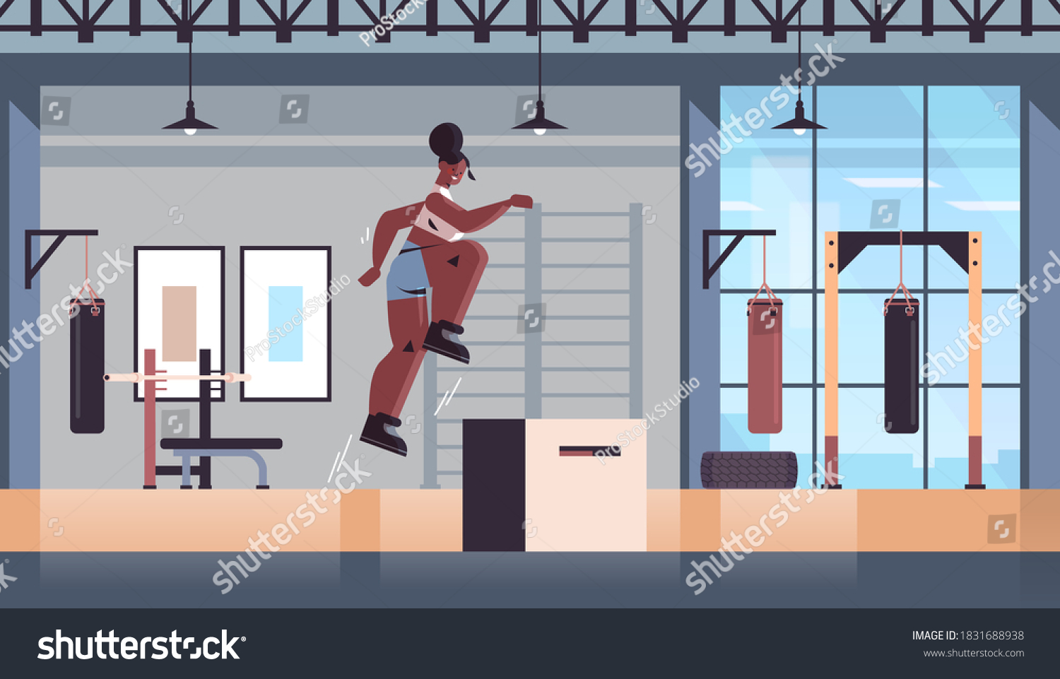 african american girl doing jumping squats on squat box working out fitness training healthy lifestyle concept modern gym studio interior full length horizontal vector illustration
