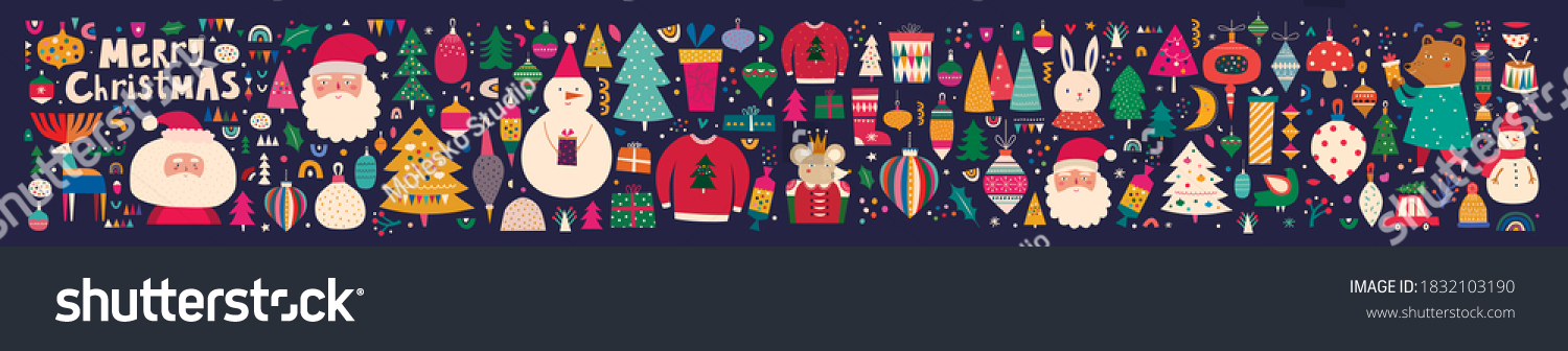大型圣诞节系列 带有传统的圣诞节符号和装饰元素。圣诞节假期模式