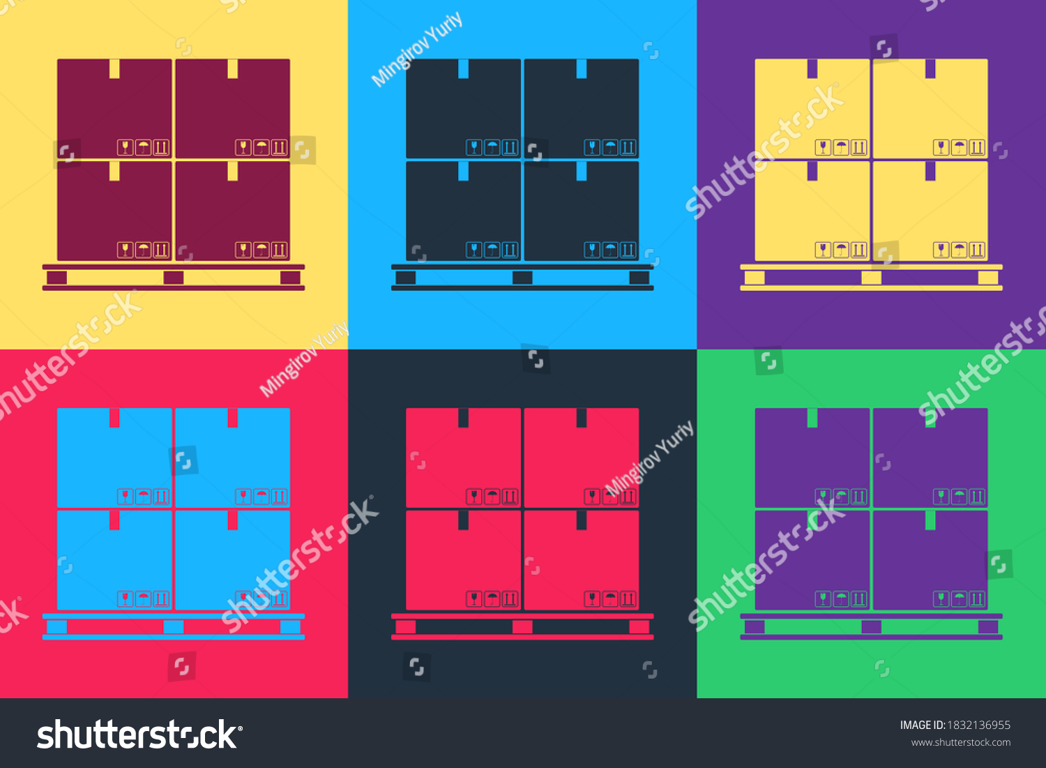 Pop art Cardboard boxes on pallet icon isolated on color background. Closed carton delivery packaging box with fragile signs. Vector.