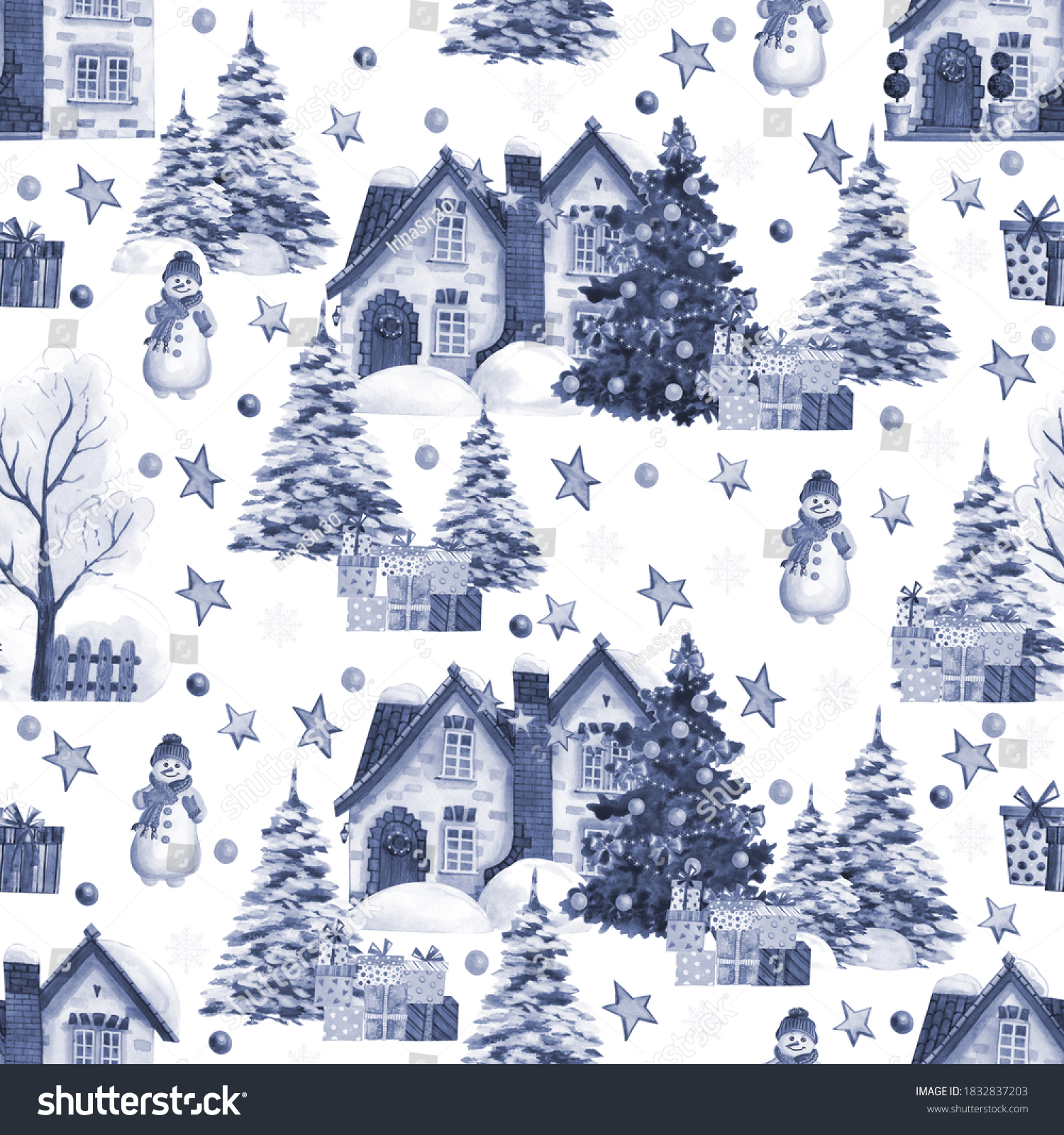 New Year's pattern with houses for the decor of textiles  paper  dishes