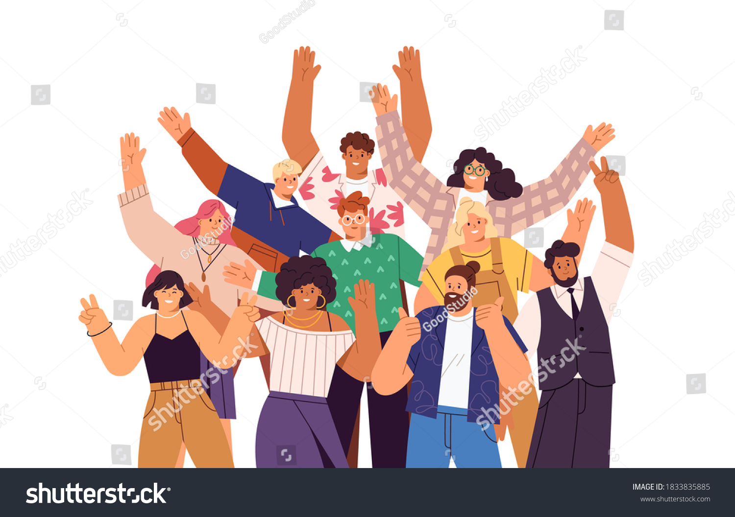 Group of happy people standing together  waving and inviting new customer  colleague. Concept of happy multiethnic team welcome newcomer. Flat vector cartoon illustration isolated on white