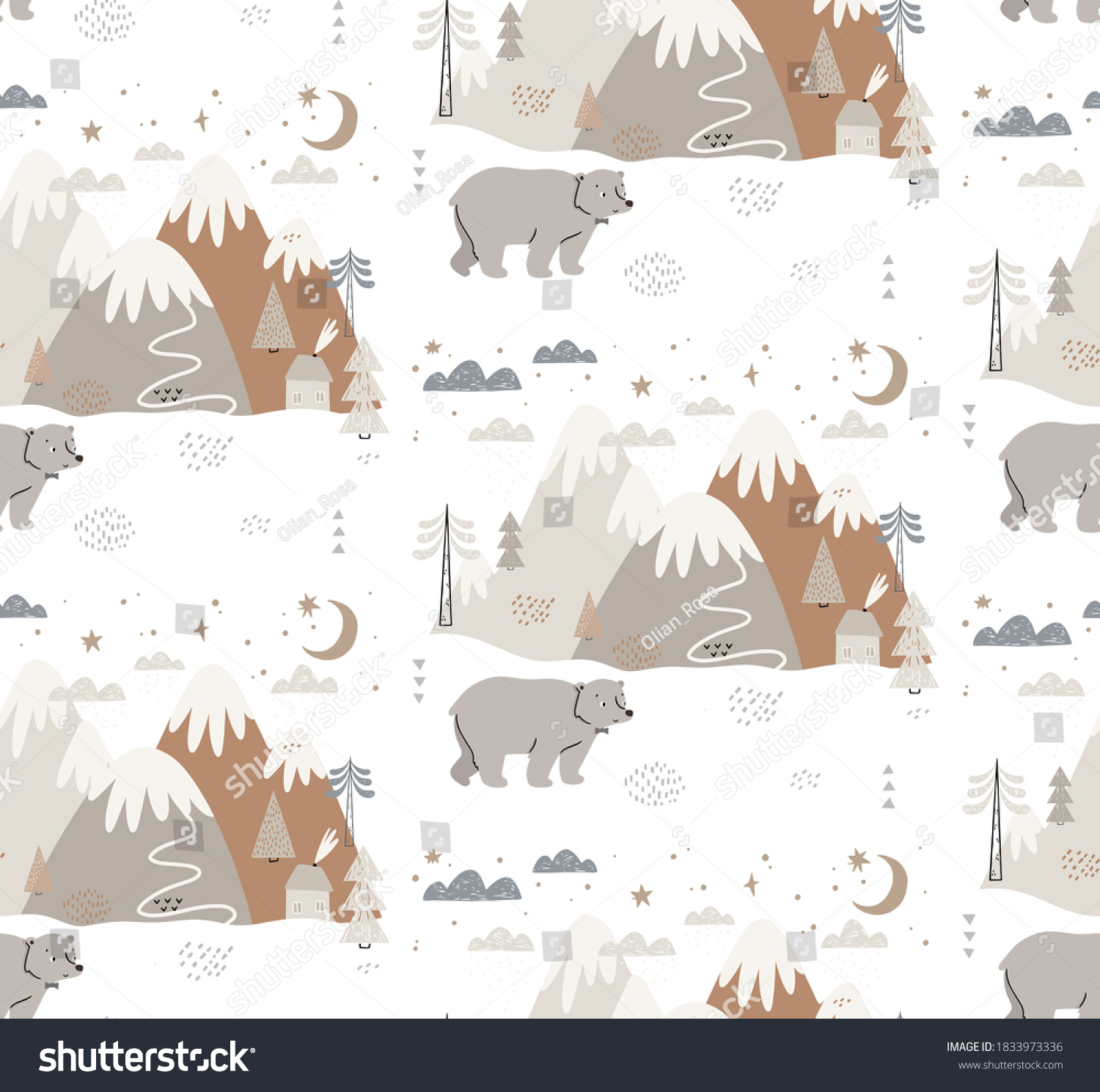 Seamless pattern with bear  mountains  trees  clouds  snow  and house. Hand drawn winter illustration in Scandinavian style for kids. For textiles  postcards  baby shower  babywear  nursery.
