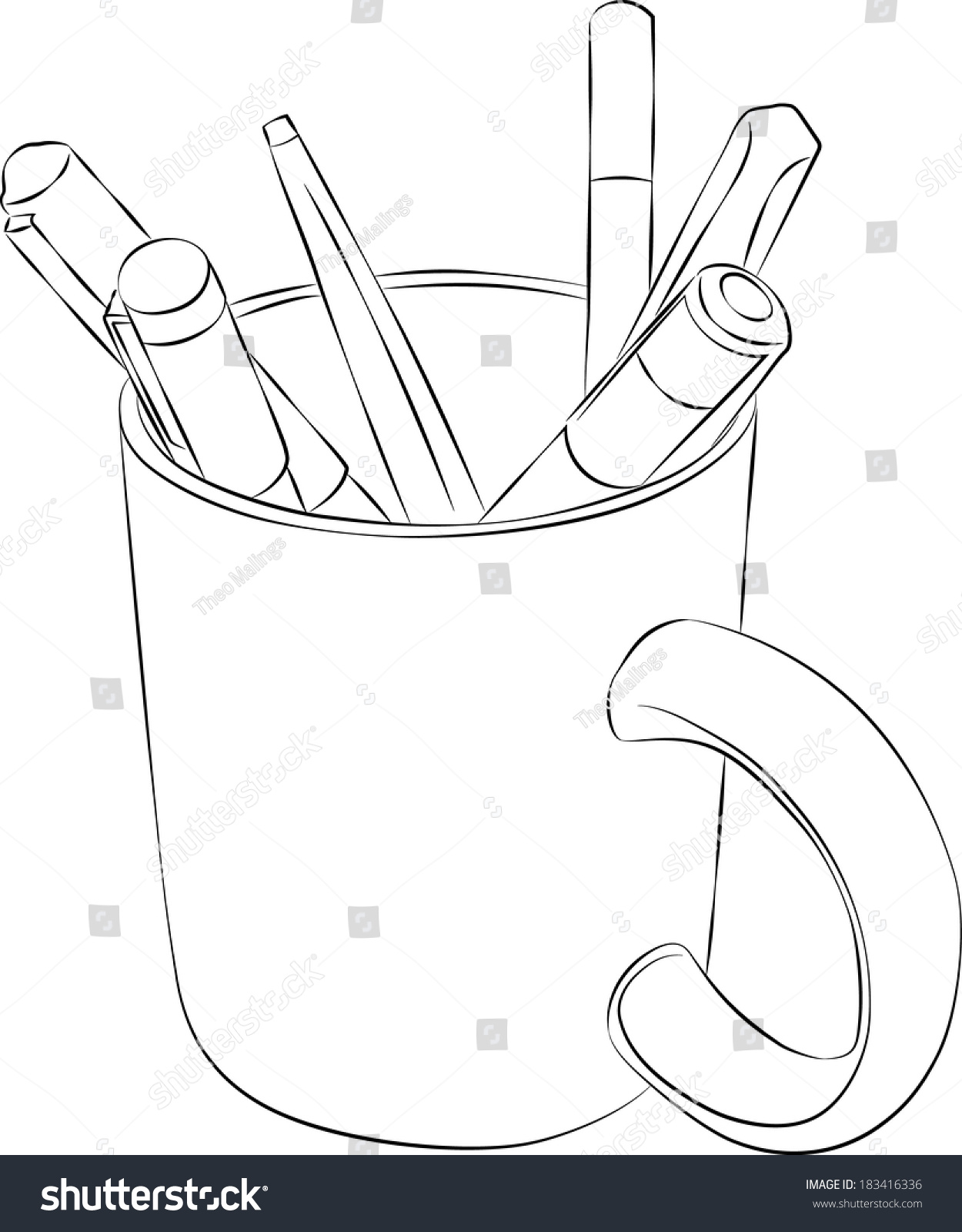 Sketched Line drawing of a mug holding pens. Vector Version.