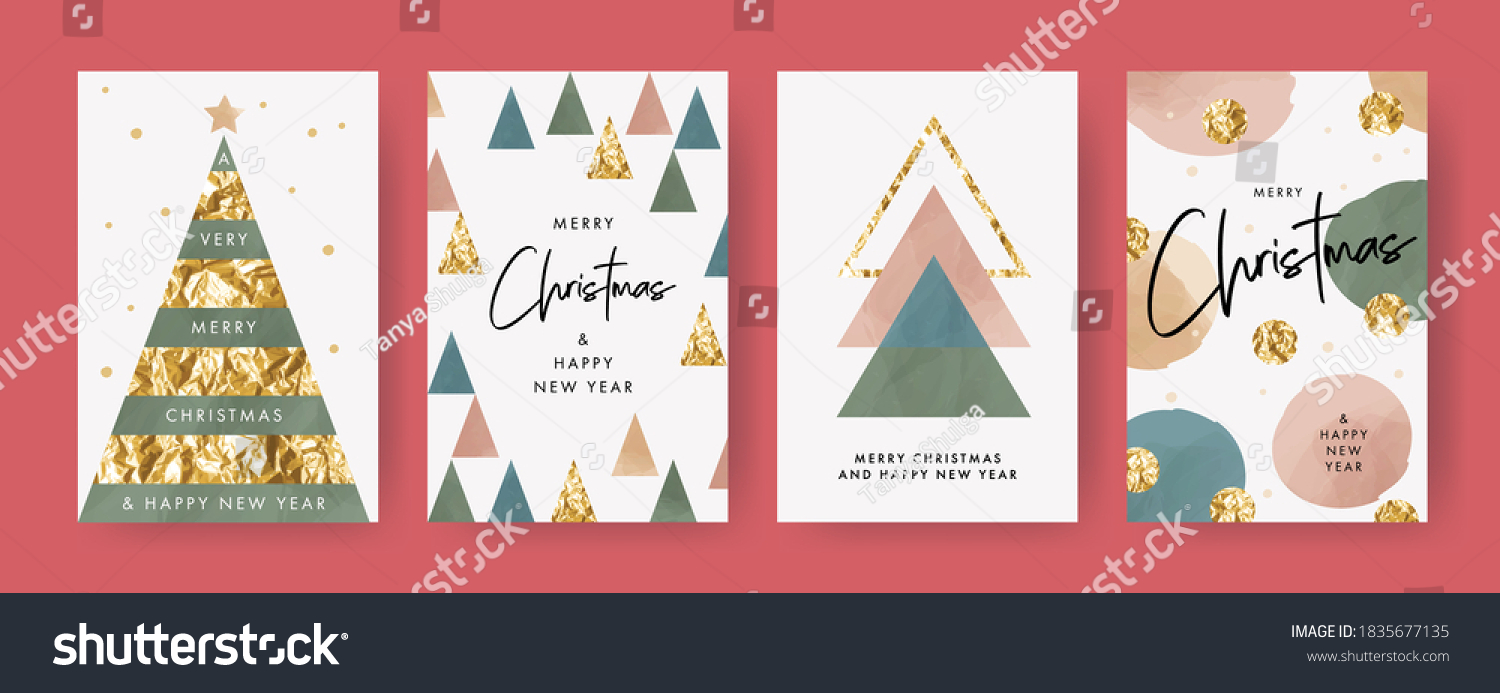 Merry Christmas and Happy New Year Set greeting cards  posters  holiday covers. Design templates with trendy typography  foil pressed triangle firs  dots and watercolor textured geometric elements.