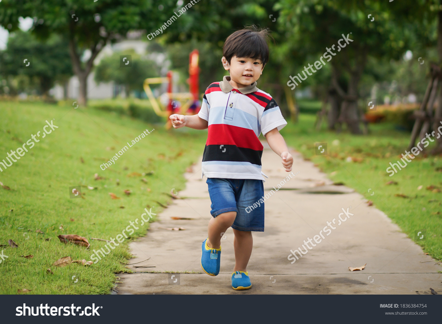 Playful Asian young boy playing and relaxing at the playground  innocence boy portrait. Cute Asian boy looking and smile at the camera for photograph with a beautiful nature bokeh background.