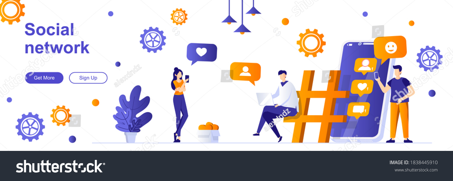Social network landing page with people characters. Online messaging service web banner. chatting mobile application vector illustration. Flat concept great for social media promotional materials.