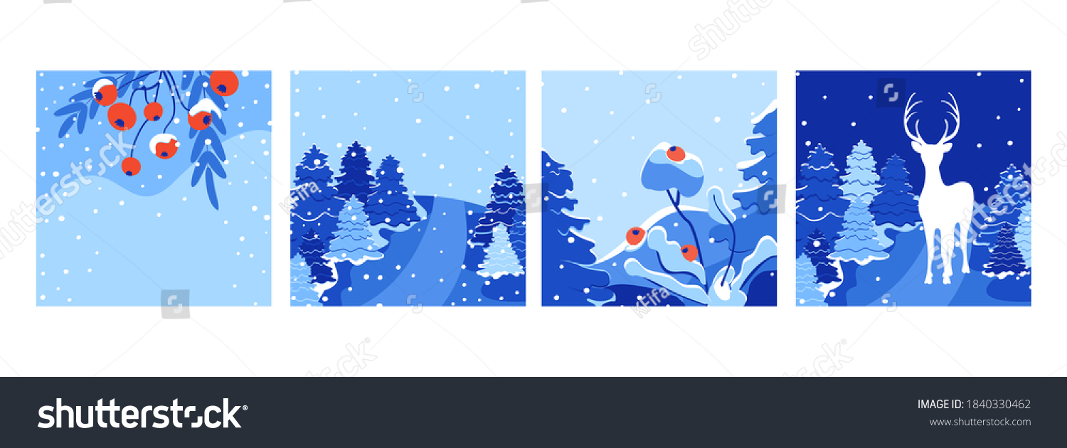 Square winter holidays greeting cards set. Holiday winter landscape. Merry Christmas greeting card design with falling snow New Year tree and deer. Suitable for social media post mobile apps
