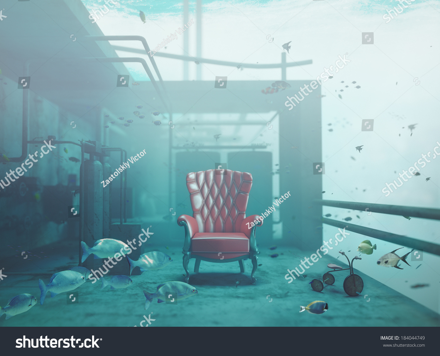 red luxury armchair underwater. CG and photo compilation concept