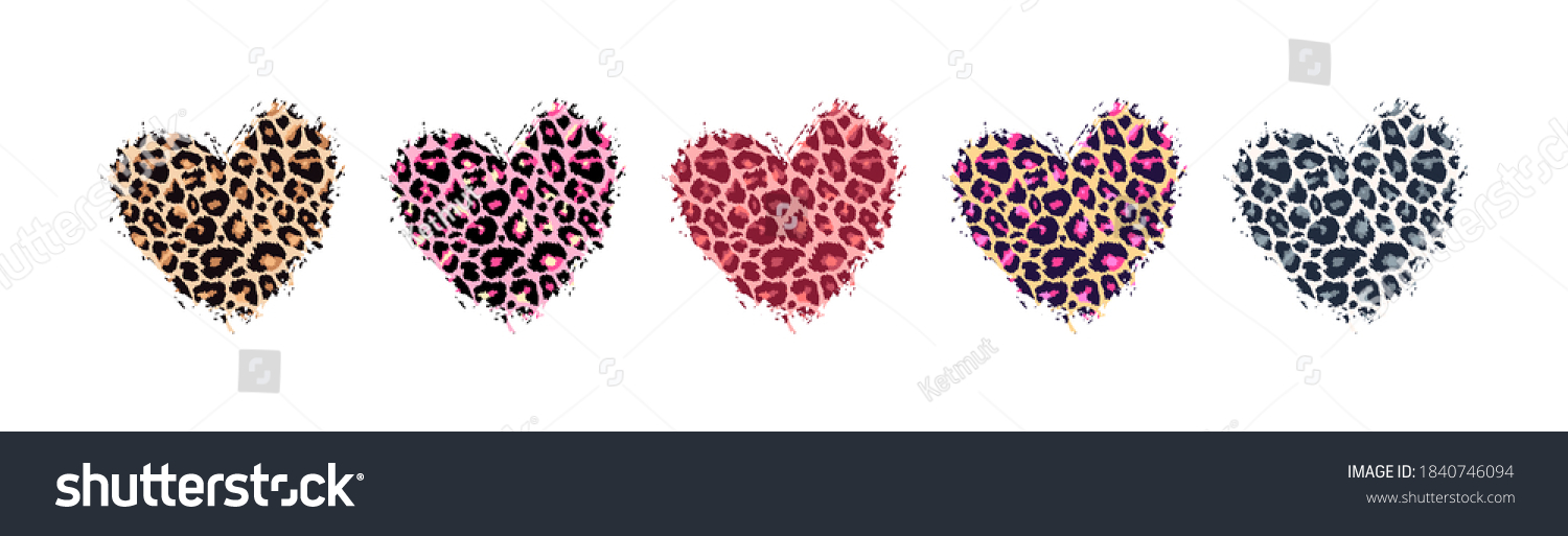 Leopard print textured hand drawn brush stroke heart shape set . Abstract paint spot with wild animal cheetah skin pattern texture. Brown  yellow  pink  grey vector design elements for print designs.