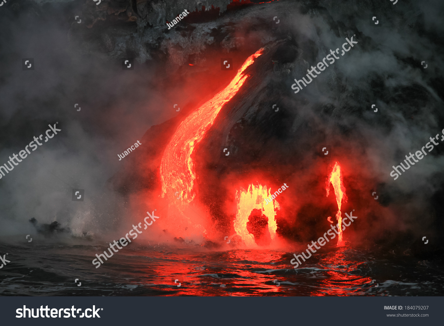 Lava flowing into ocean in the dark  Big Island  Hawaii 
