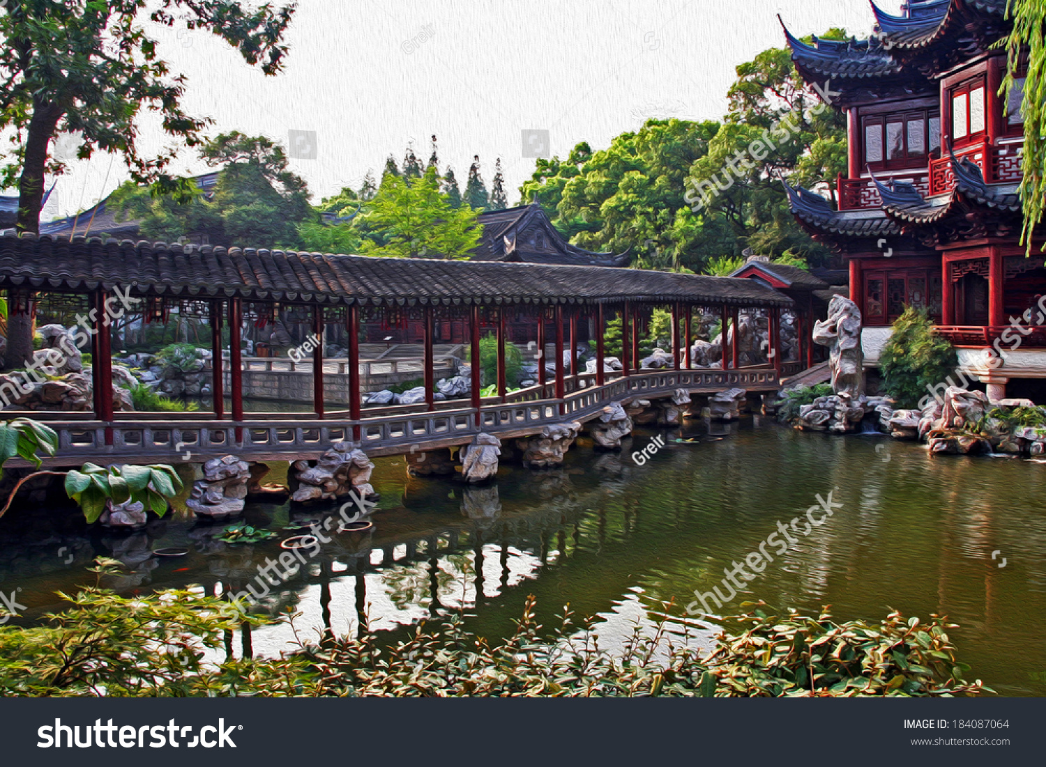 Photo of a fragment of a pavilion and pond in Yuyuan gardens Shanghai stylized and filtered to resemble an oil painting.
