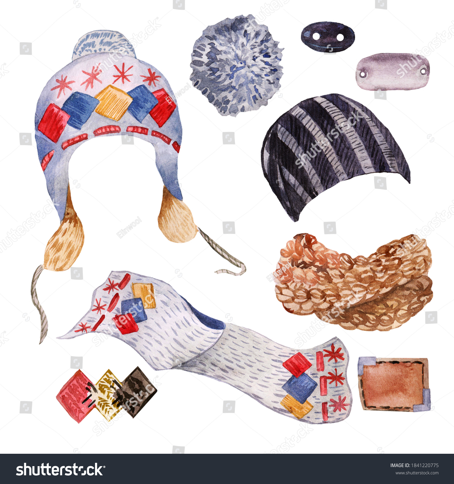 Watercolor set of winter hats scarves and elements for hand-knitting-pompom button and emblem.Illustrations are drawn in watercolor by hand for the design of logos magazines stickers photo background