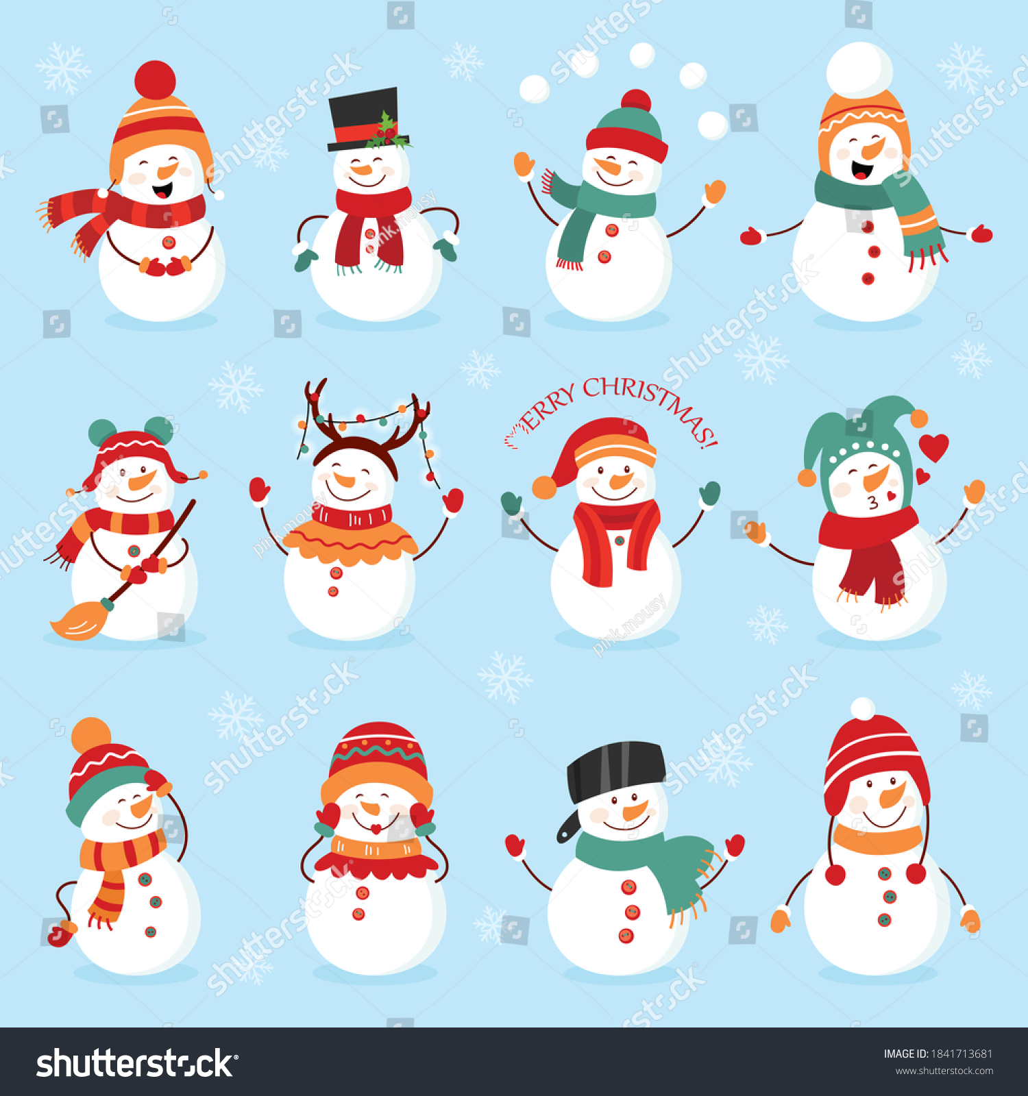Set of winter holidays snowman. Cheerful snowmen in different costumes. Snowman chef magician snowman with candy and gifts