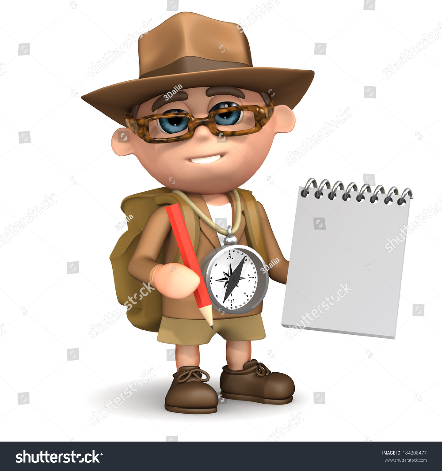 3d render of an explorer with a notepad and pencil
