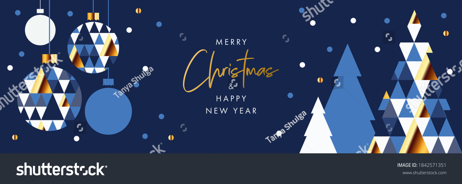 圣诞快乐 新年快乐横幅 贺卡 海报 节日封面 标题。现代圣诞节设计 几何形式 三角形 圣诞树 球 夜空背景下的雪