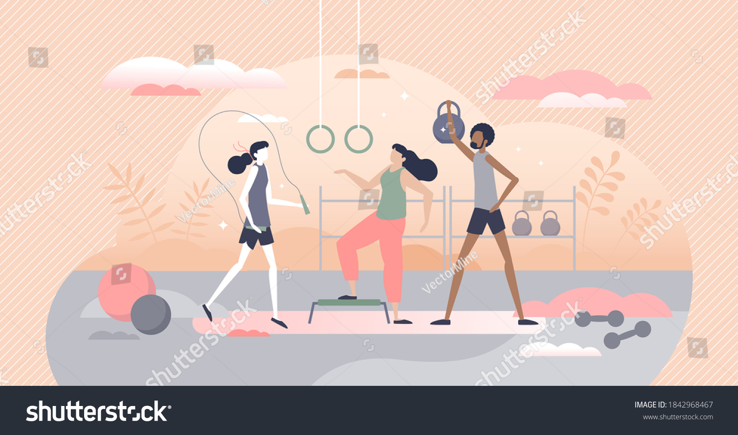 Gym fitness with fit workout activity and sport exercise tiny person concept. Physical indoor activity for health  strength or good shape vector illustration. Athletic body gain with weights or cardio