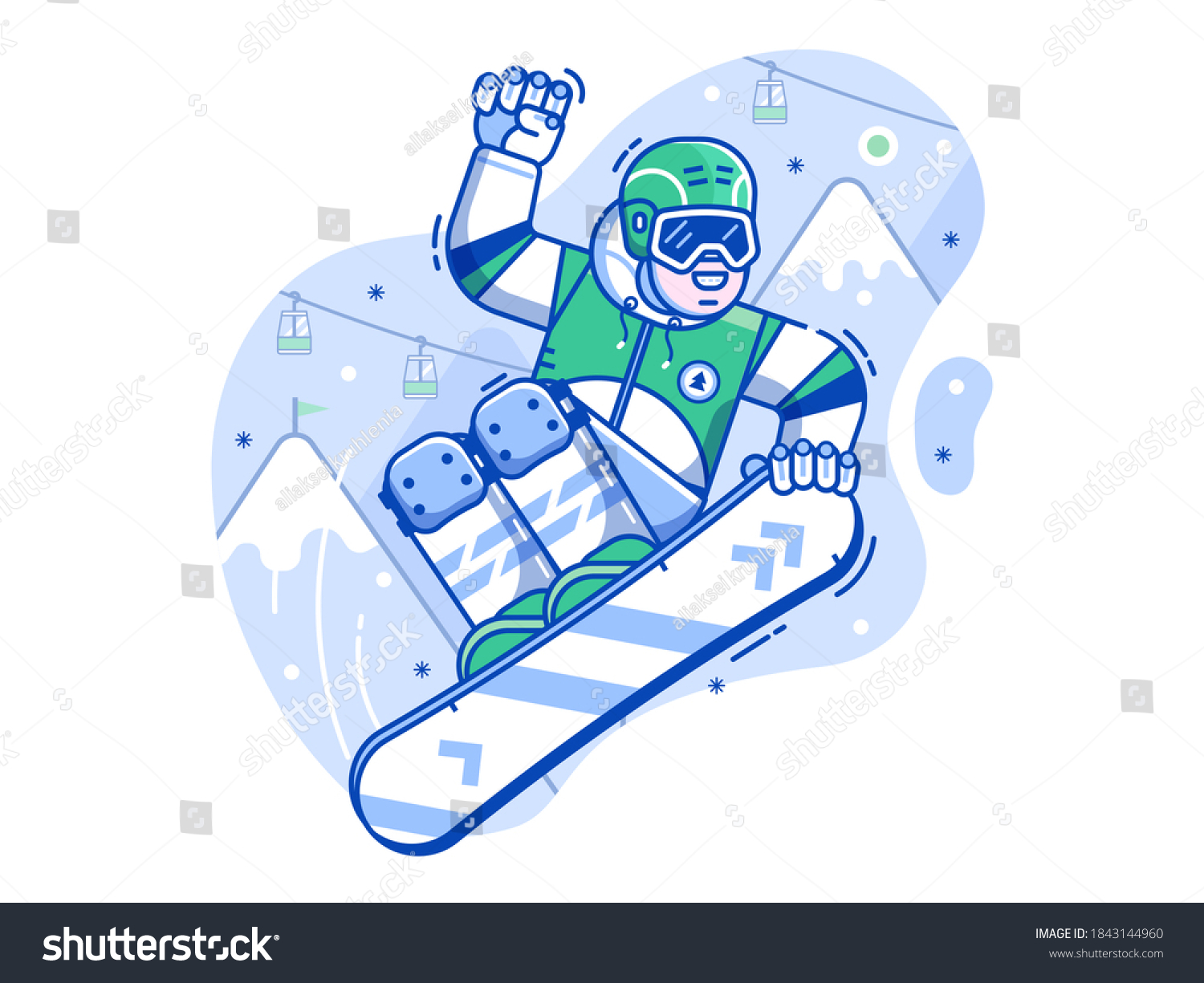 Smiling cross country snowboarder jumping on ski resort background. Freeride snowboard man character in motion concept scene. Mountain freestyle skier jump on snow hill.