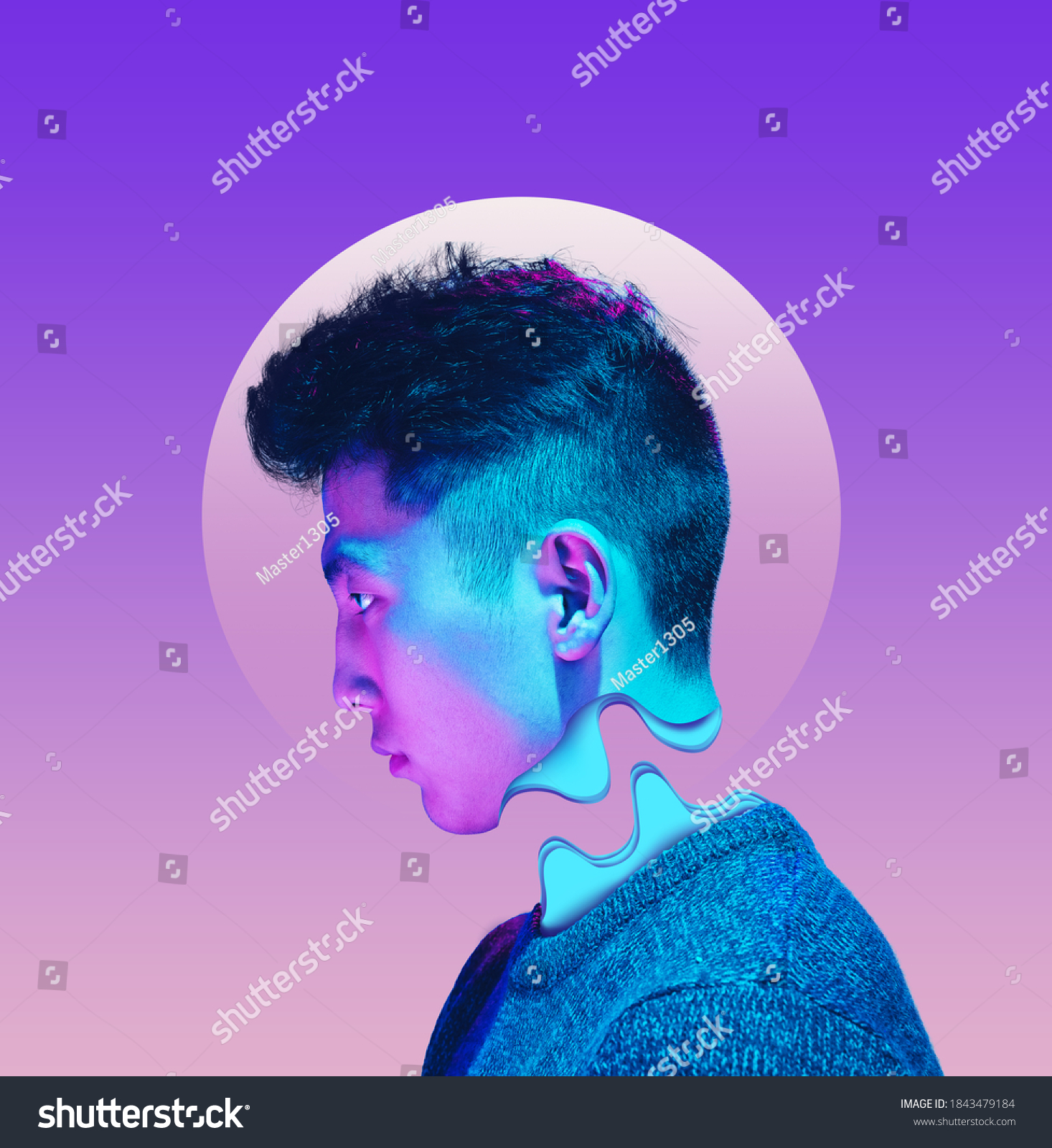 Portrait of asian man in bright colors. Trendy neon lighted gradient purple background with copyspace for ad. Modern design. Contemporary art collage. Inspiration mood creativity concept.
