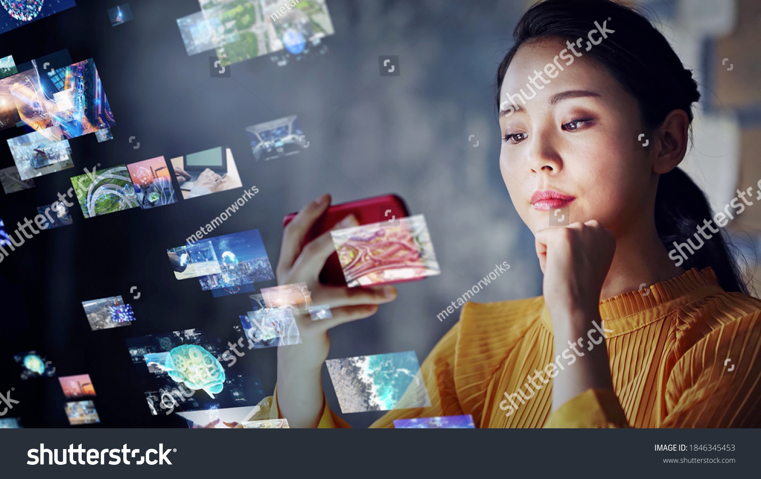 Young asian woman watching a lot of movies. Digital transformation.
