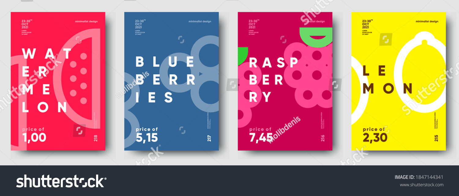 Vector illustrations. Set of minimalistic fruit posters or price tags. Watermelon  blueberry  raspberry  lemon.