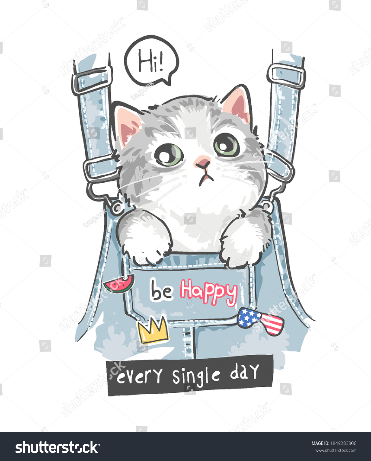 cute little kitten in front overalls pocket and colorful cute icons illustration