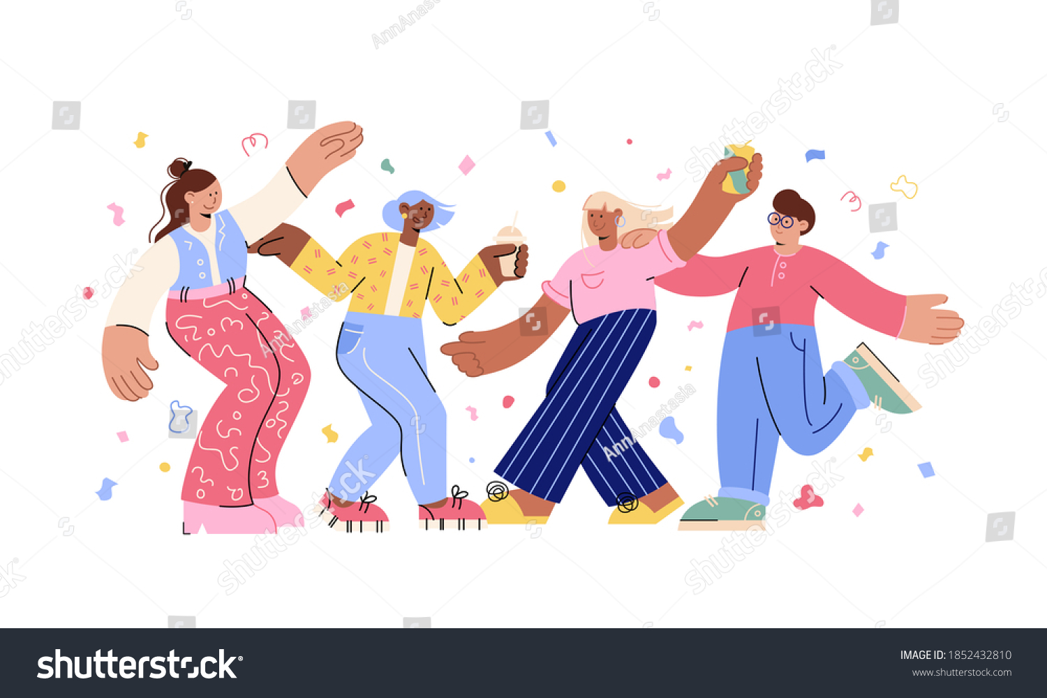 Group of young happy dancers isolated on a white background. Youth holiday  party  new year. Flat design illustration. Use in web projects and applications  user interface  UX  graphic and web 