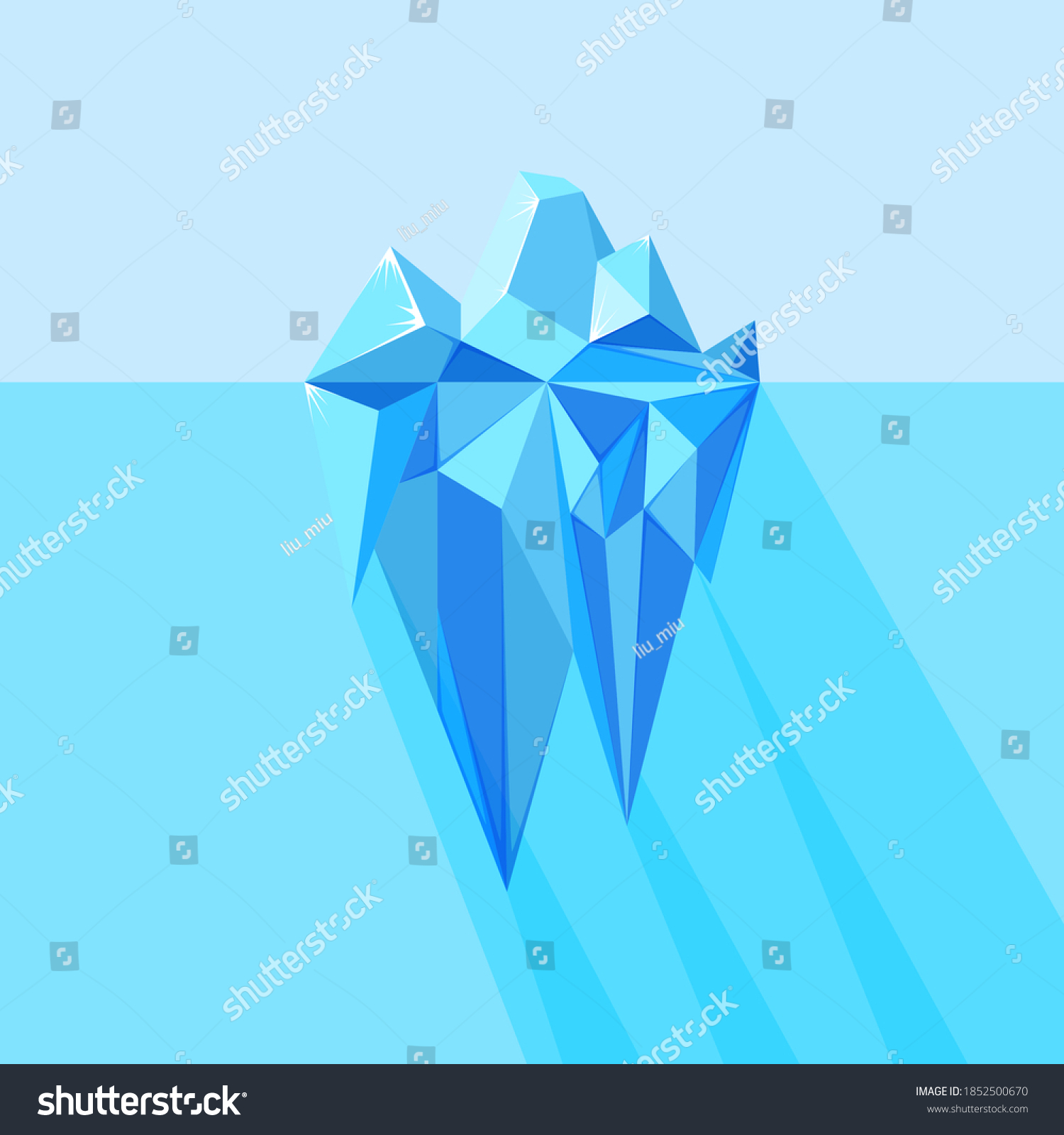 Iceberg visible and hidden parts underwater with shadows. Polygonal geometric iceberg. Vector illustration of blue floating glacier