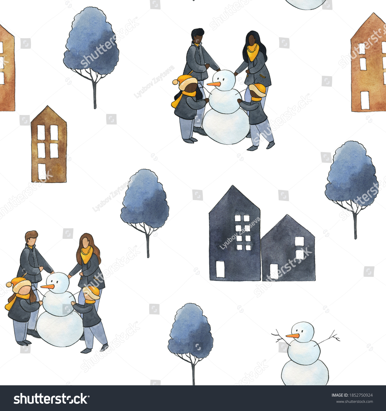 watercolor winter seamless patterns   christmas city pattern  people skiing in forest  african family make a snowman in winter town