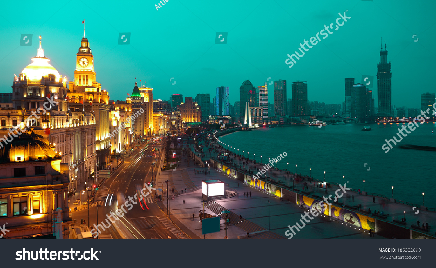 Bird view at Shanghai Bund European-style buildings landscape of night