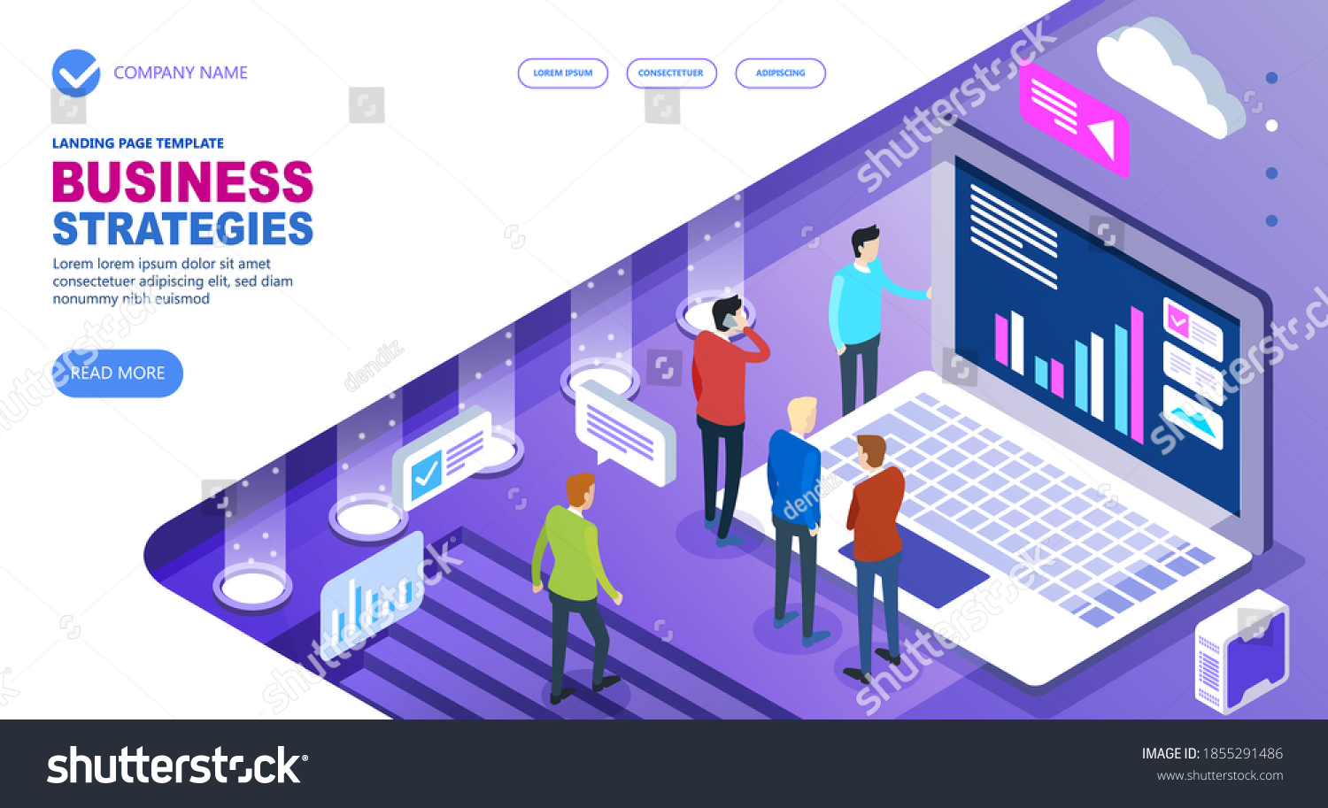Business strategies Isometric Concept of site  Business people working together and developing a successful business strategy  Vector illustration