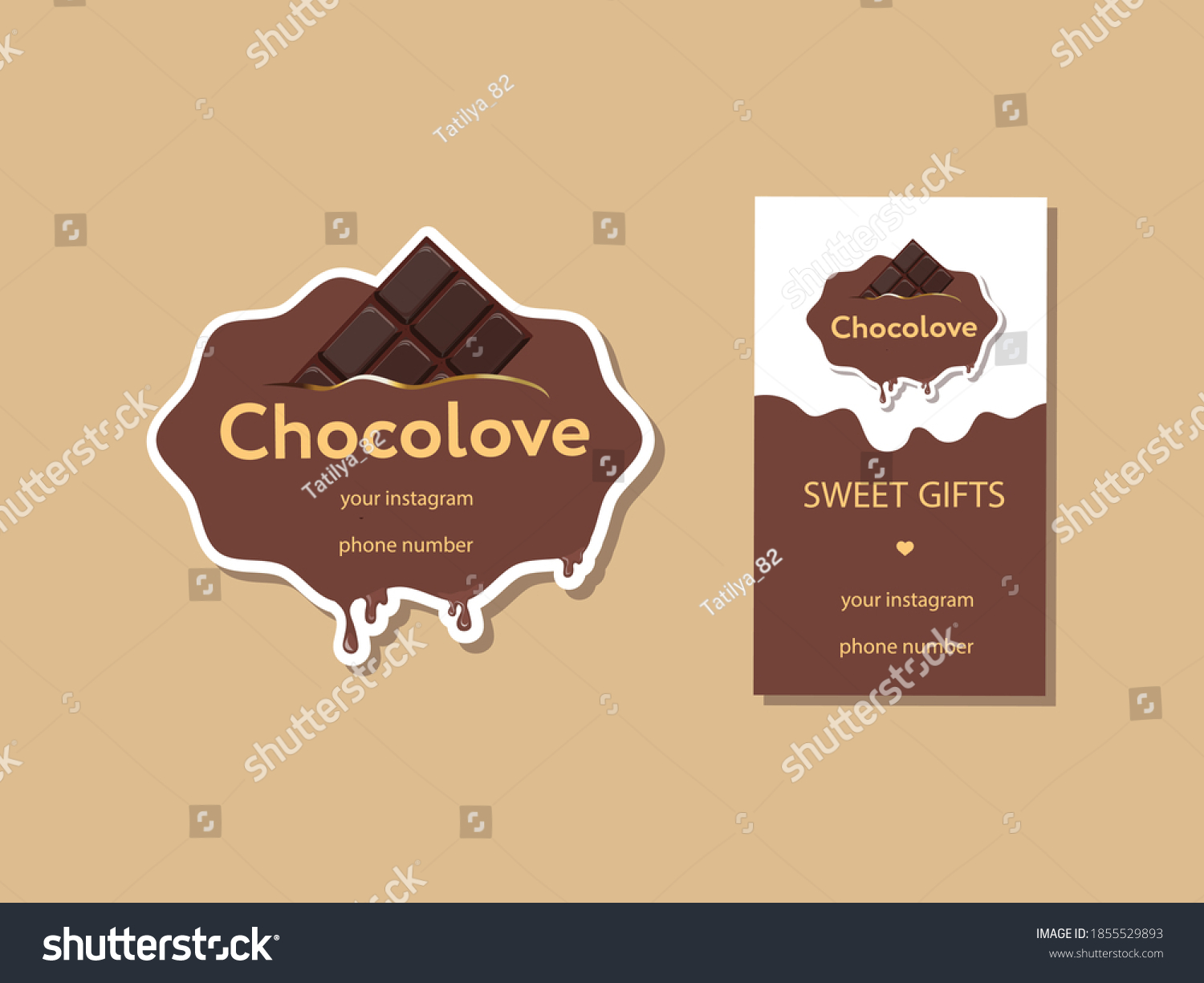 Corporate identity for chocolate and sweets. Sticker and business card in the same style. Chocolate bar. Vector illustration.