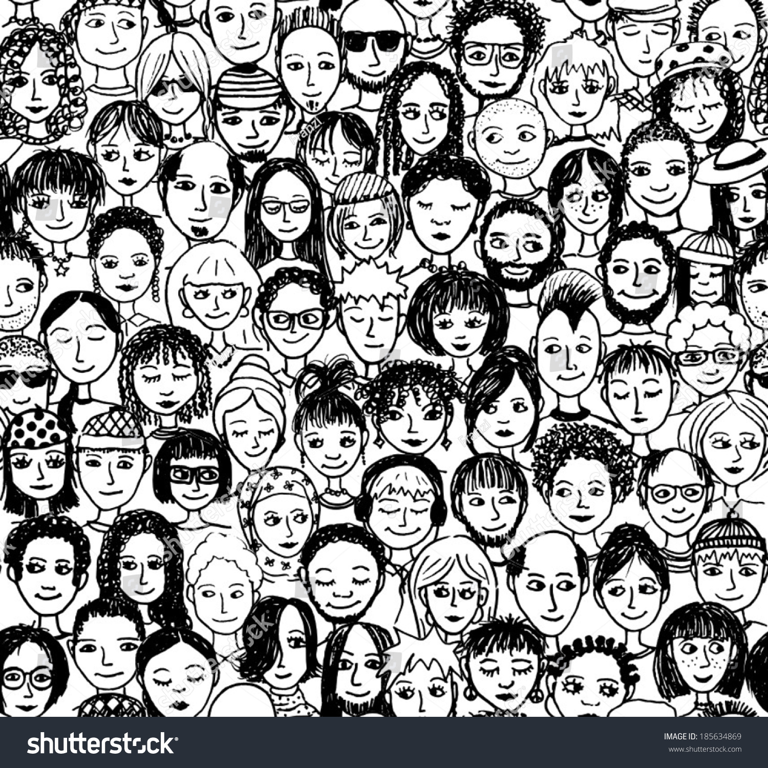 Happy people - hand drawn seamless pattern of a crowd of many different people from diverse cultural backgrounds who are smiling and happy (there's an image with unhappy people in my portfolio too)