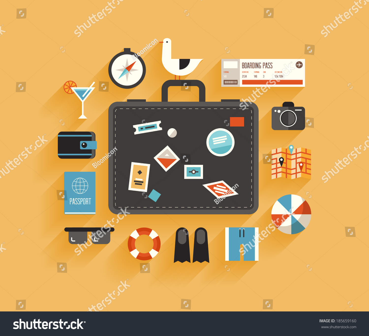 Flat design style modern vector illustration icons set of planning a summer vacation  travelling on holiday journey  tourism and travel objects  passenger luggage. Isolated on stylish color background