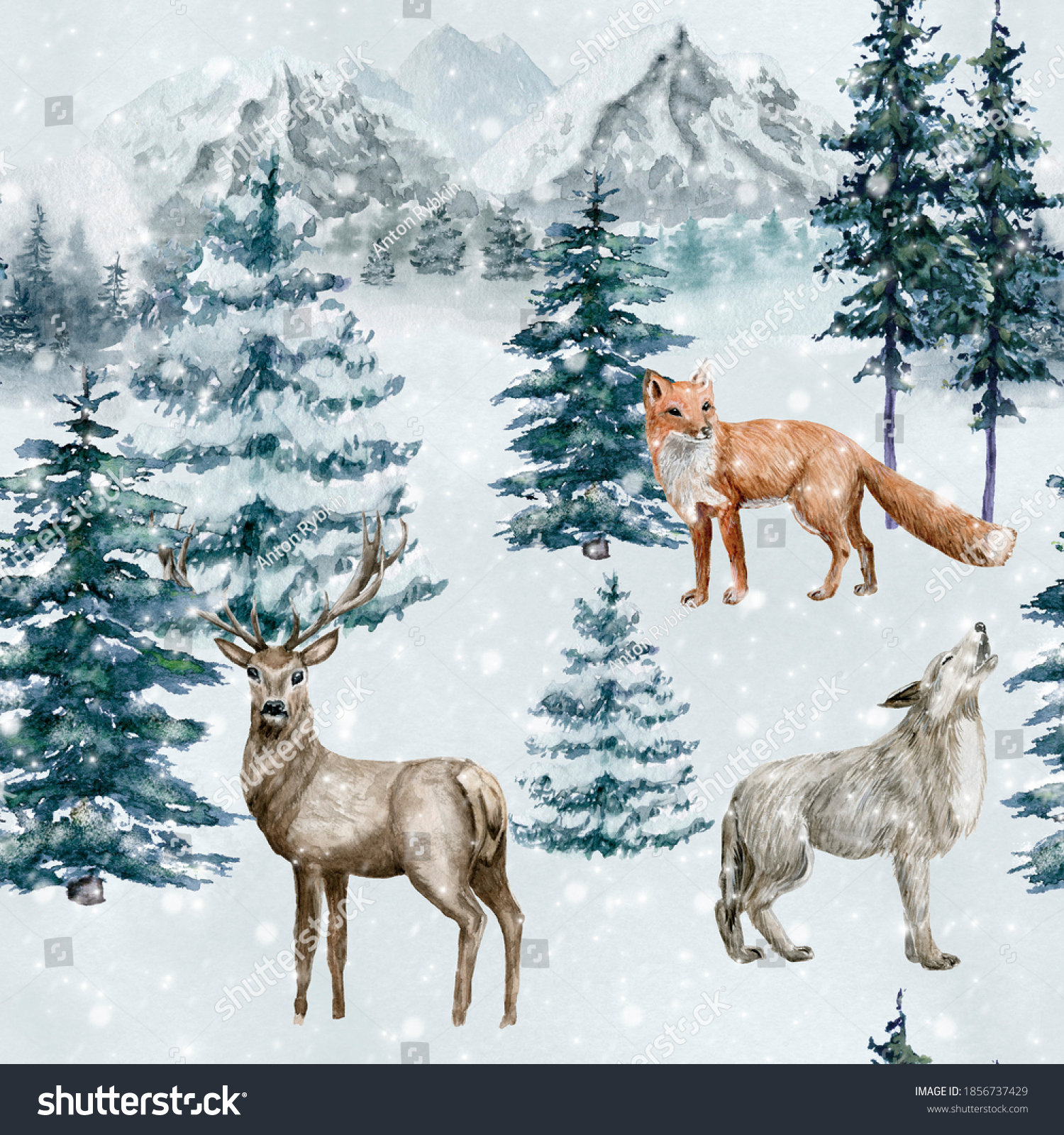 Watercolor christmas seamless pattern with wild animals. Hand painted mountains  Fox  deer  wolf . Winter wild life. Tiled background