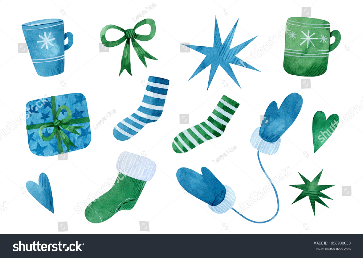Watercolor set of Christmas elements. Blue and green christmas socks  mugs  gifts  bows  hearts  stars and mittens. Hand-drawn illustration. Perfect for your project  cards  stickers  patterns  decor
