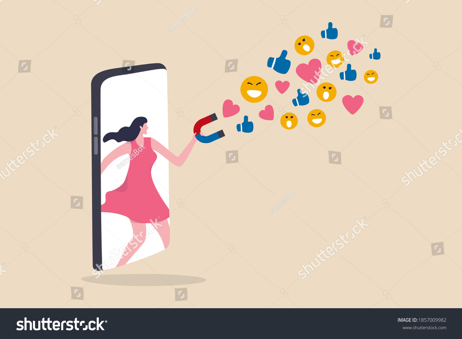 Influencer marketing  digital social media for marketing campaign or advertising concept  beautiful teenage lady stand out from mobile smartphone using magnet to draw social media emoji interaction.