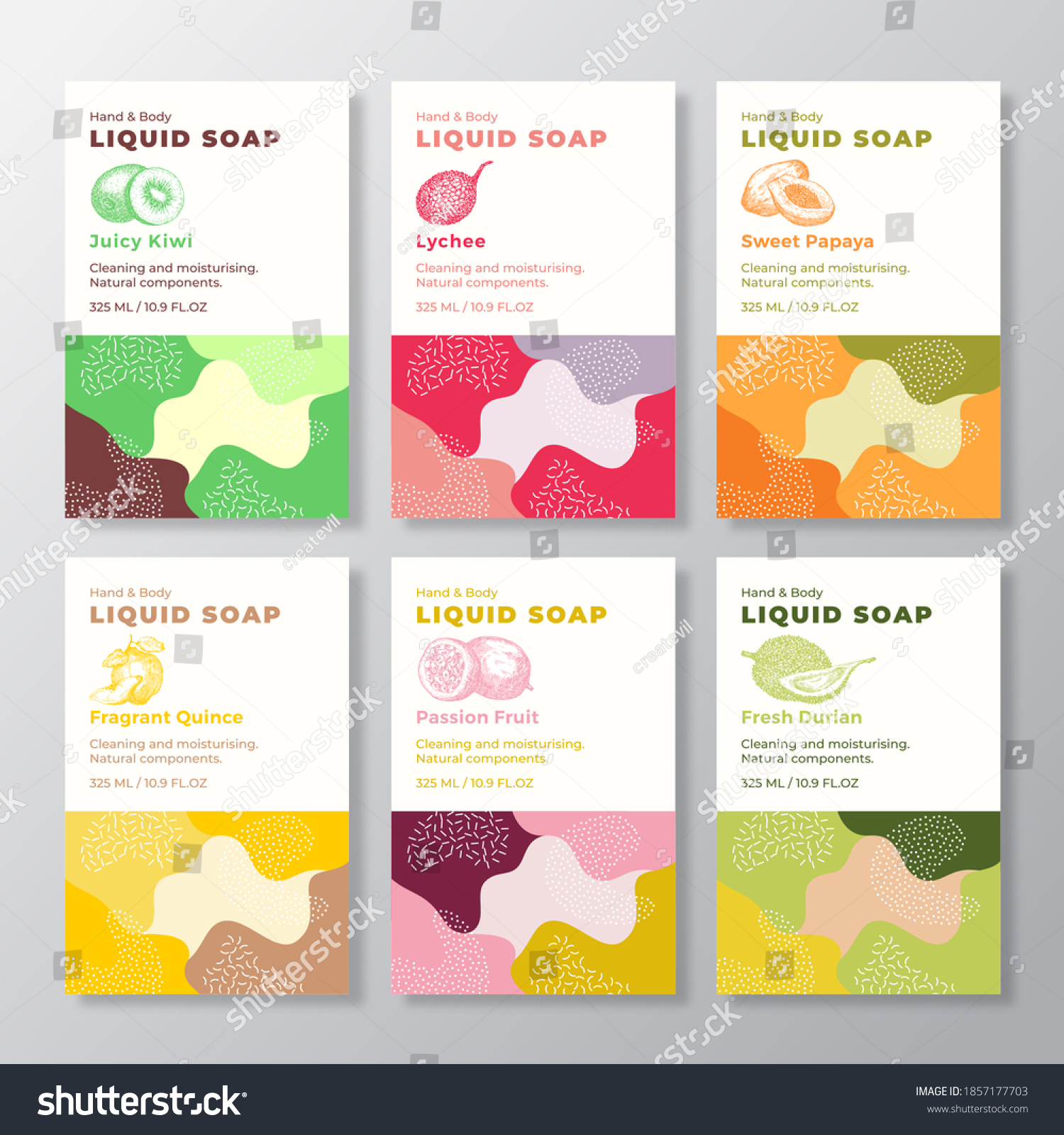 Liquid Soap Label Templates Collection. Abstract Shapes Camo Background Vector Covers Set. Cosmetics Packaging Design Bundle. Hand Drawn Exotic Fruits Sketches. Isolated.