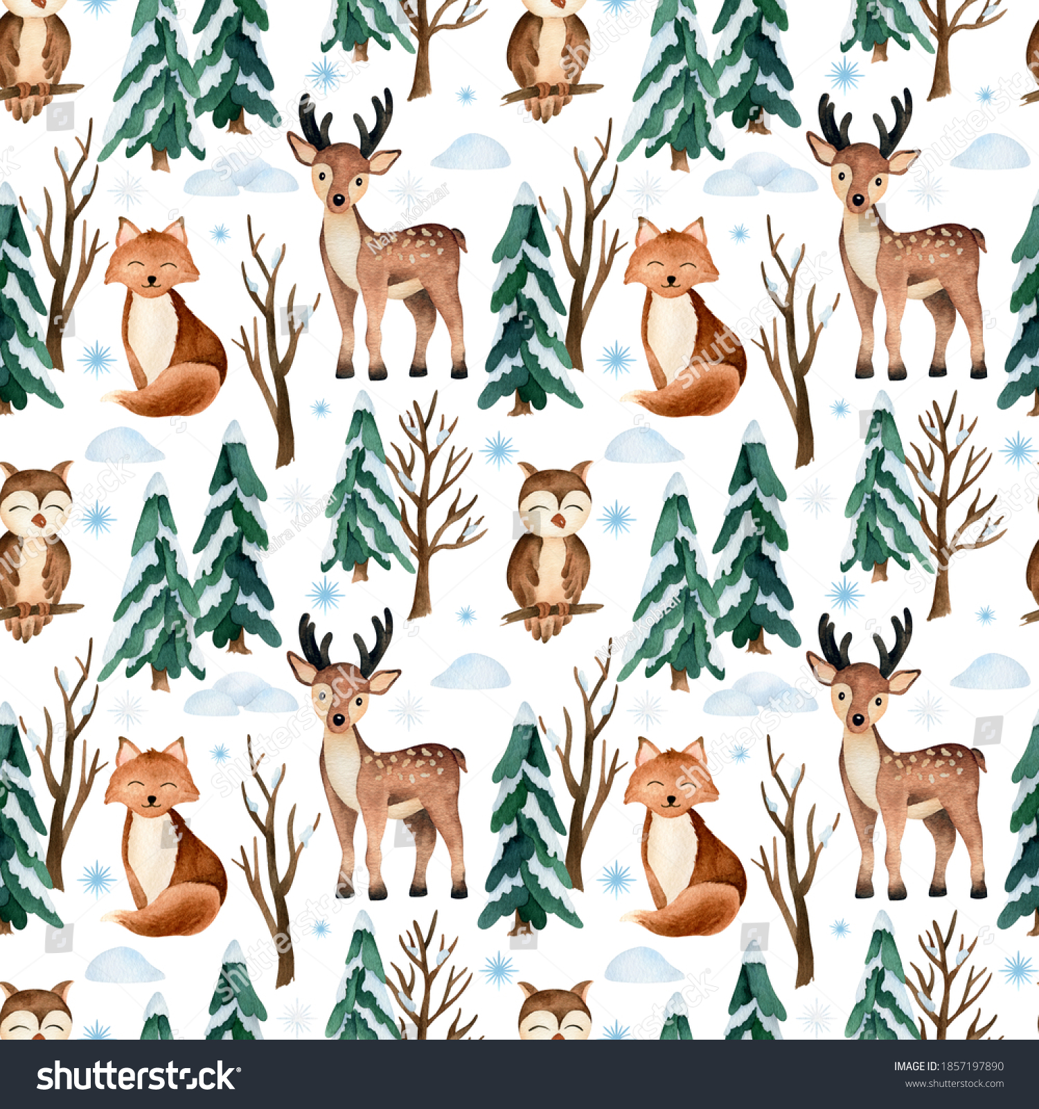 Seamless pattern with watercolor animals in winter forrest. Winter holiday and New year decoration  merry Christmas elements on white background - deer  fox and owl