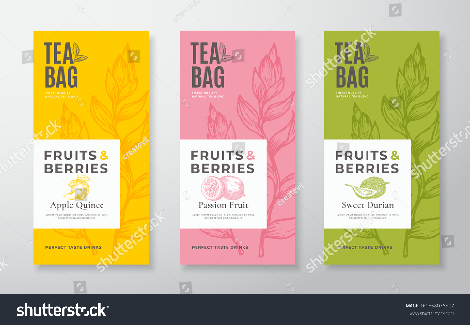 Exotic Fruits Tea Labels Set. Vector Packaging Design Layouts Bundle. Modern Typography  Hand Drawn Tea Leaves  Quince  Passion Fruit and Durian Silhouettes Background. Beverage Banners. Isolated.
