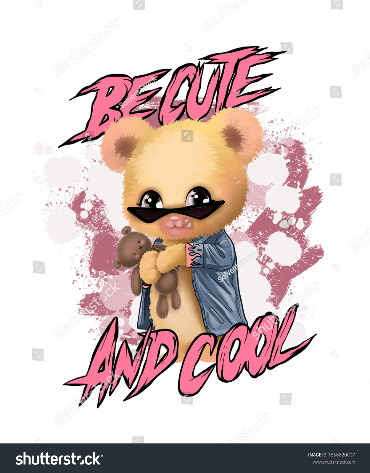 Be cute and cool slogan with cute bear toy in sunglasses carrying guitar illustration
