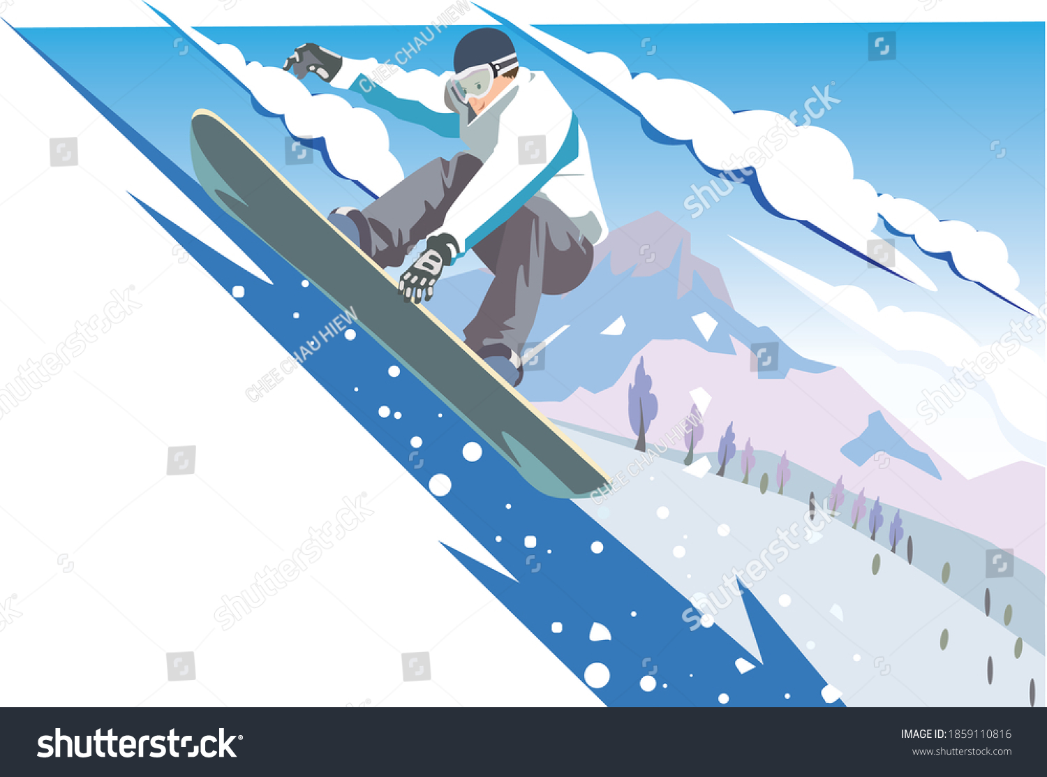 Snowboarding. Vector illustration of a snowboarder jumping top of the snow mountain cloud sky background.