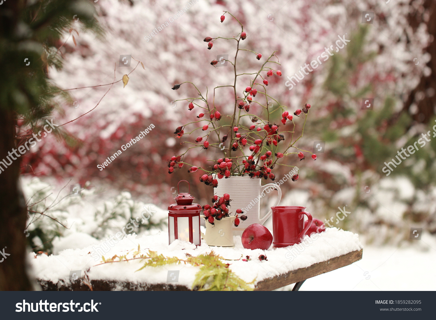 A bouquet of red rose and a mug of tea in the winter garden