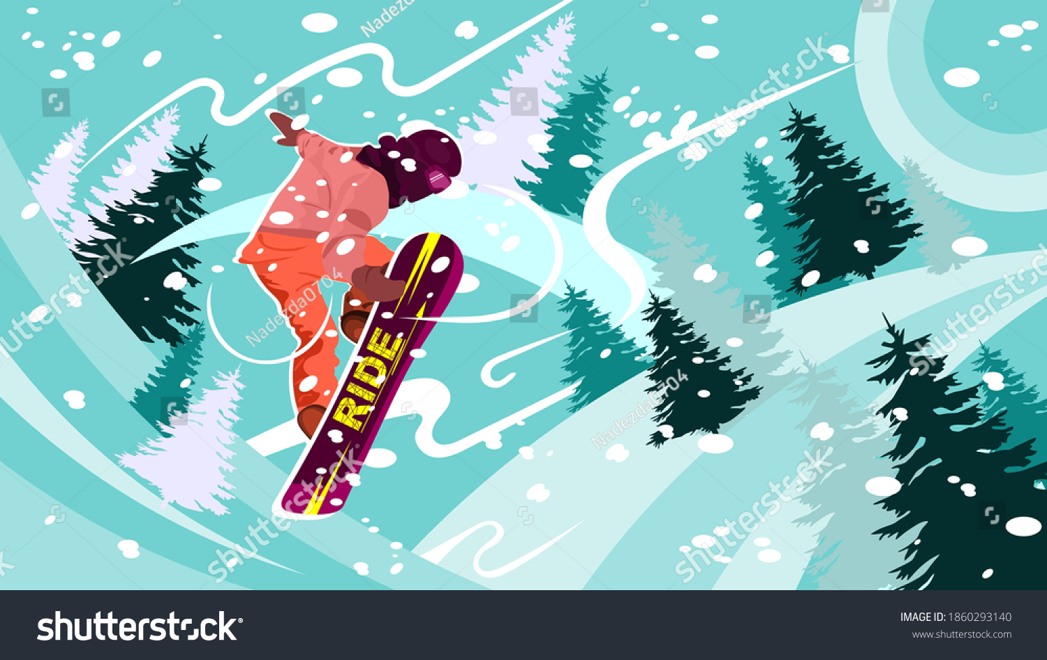 Jump of snowboarder against the background of snow-covered mountain landscape. Hand drawing vector illustration. Can be used for poster  avatar  social media  background  cover.