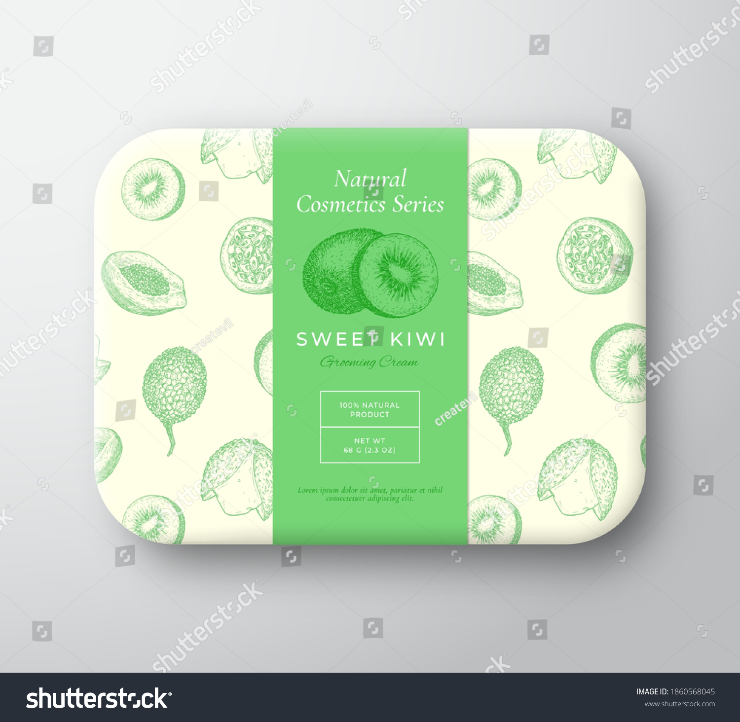 Kiwi Bath Cosmetics Package Box. Abstract Vector Wrapped Paper Container with Label Cover. Packaging Design. Modern Typography and Hand Drawn Exotic Fruits Background Pattern Layout. Isolated.